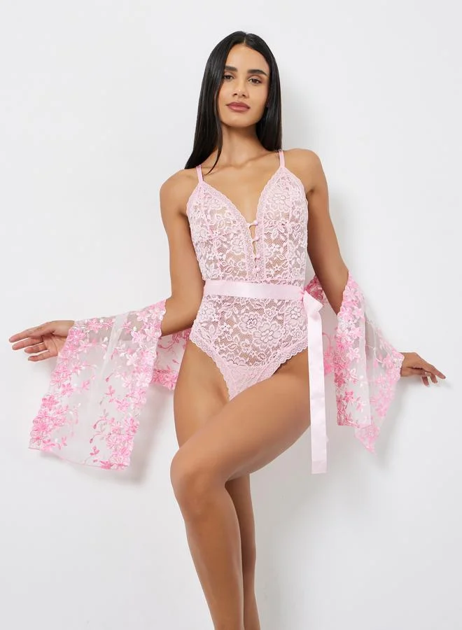 Styli Floral Lace Mesh Bodysuit with Satin Waist Belt and Embroidered Stole