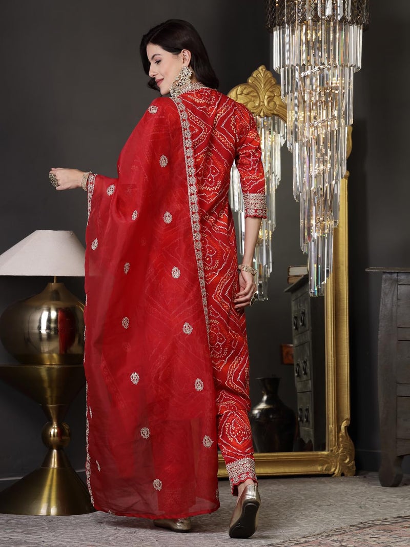 Stylum Women's Bandhani Print & Embroidered Muslin Straight Kurta Pant Dupatta Set - Image 2