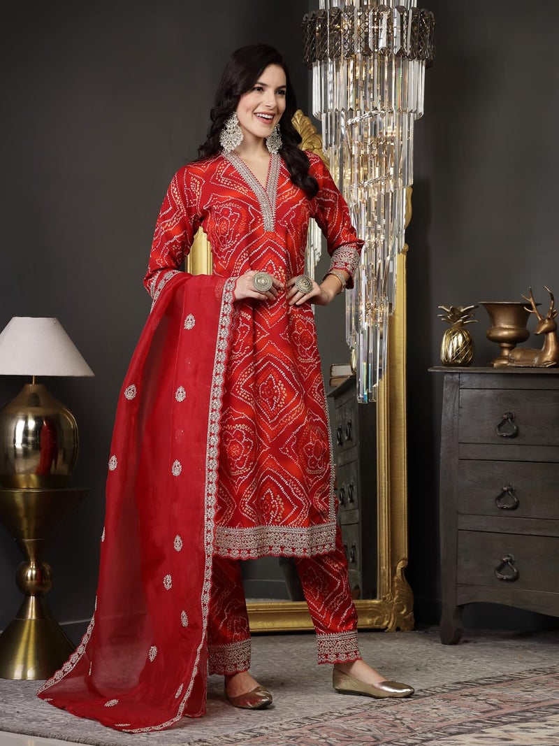 Stylum Women's Bandhani Print & Embroidered Muslin Straight Kurta Pant Dupatta Set - Image 3