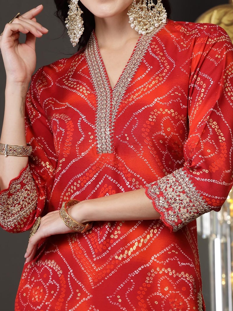 Stylum Women's Bandhani Print & Embroidered Muslin Straight Kurta Pant Dupatta Set - Image 4