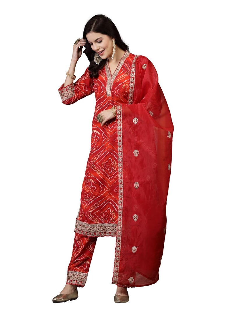Stylum Women's Bandhani Print & Embroidered Muslin Straight Kurta Pant Dupatta Set - Image 1