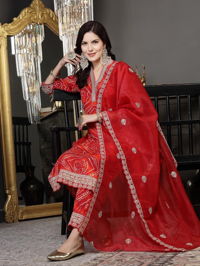 Stylum Women's Bandhani Print & Embroidered Muslin Straight Kurta Pant Dupatta Set - Image 5