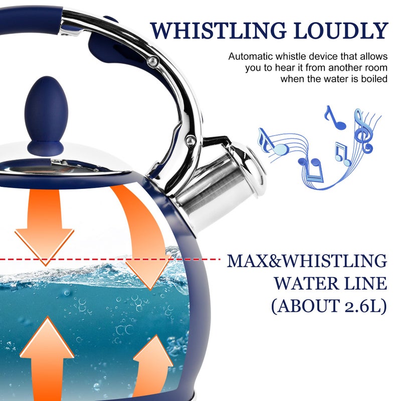 SUSTEAS Stove Top Whistling Tea Kettle - Food Grade Stainless Steel Teakettle Teapot with Cool Touch Ergonomic Handle, With 1 Silicone Pinch Mitt Included, 2.64 Quart,NAVY BLUE - Image 3