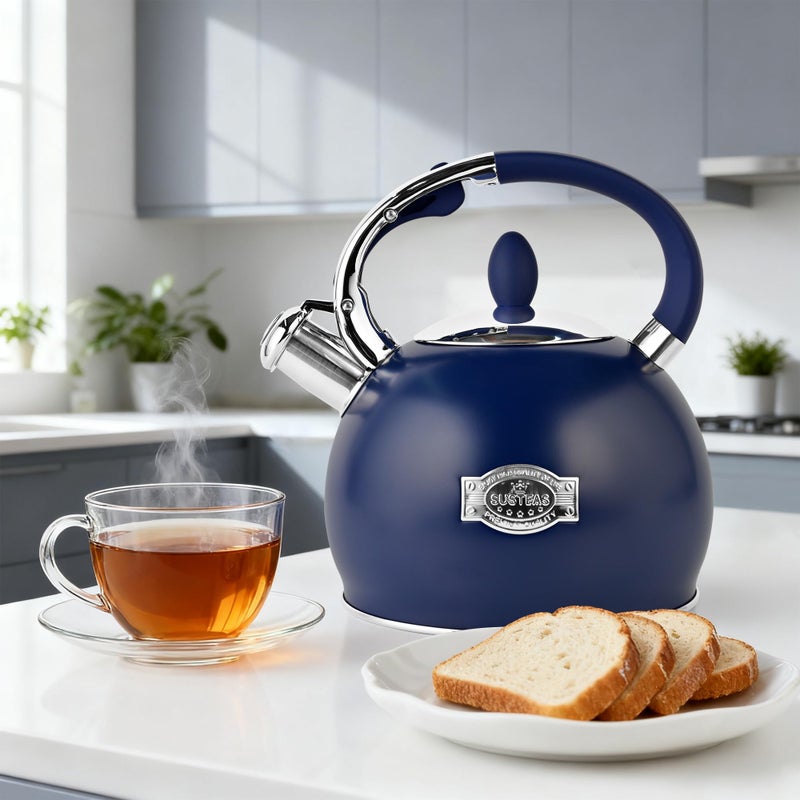 SUSTEAS Stove Top Whistling Tea Kettle - Food Grade Stainless Steel Teakettle Teapot with Cool Touch Ergonomic Handle, With 1 Silicone Pinch Mitt Included, 2.64 Quart,NAVY BLUE - Image 5