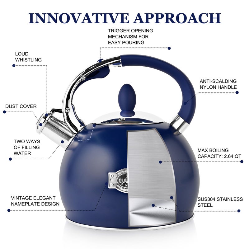 SUSTEAS Stove Top Whistling Tea Kettle - Food Grade Stainless Steel Teakettle Teapot with Cool Touch Ergonomic Handle, With 1 Silicone Pinch Mitt Included, 2.64 Quart,NAVY BLUE - Image 2