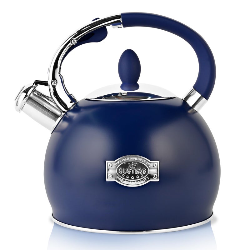 SUSTEAS Stove Top Whistling Tea Kettle - Food Grade Stainless Steel Teakettle Teapot with Cool Touch Ergonomic Handle, With 1 Silicone Pinch Mitt Included, 2.64 Quart,NAVY BLUE - Image 1
