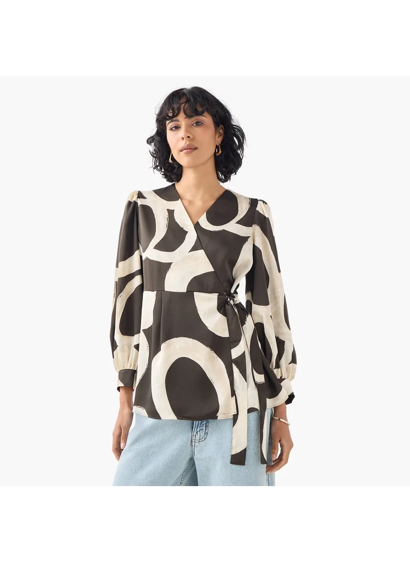ايكونيك Iconic Printed V-neck Wrap Top with Long Sleeves and Tie-Up Detail