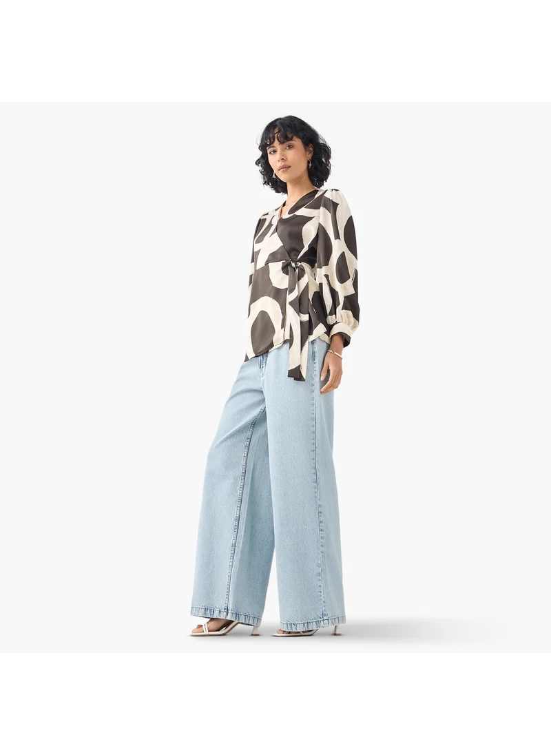 ايكونيك Iconic Printed V-neck Wrap Top with Long Sleeves and Tie-Up Detail
