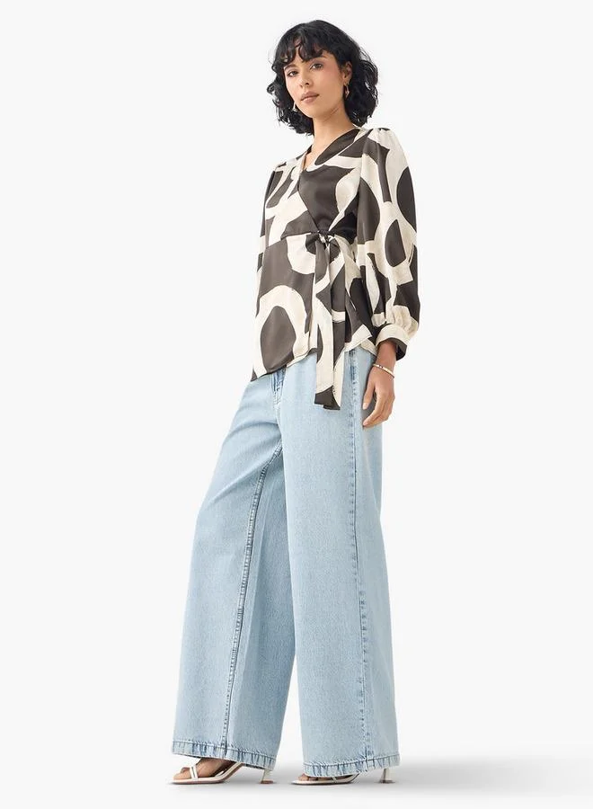 Iconic Iconic Printed V-neck Wrap Top with Long Sleeves and Tie-Up Detail