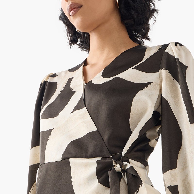 Iconic Printed V-neck Wrap Top with Long Sleeves and Tie-Up Detail - Image 4