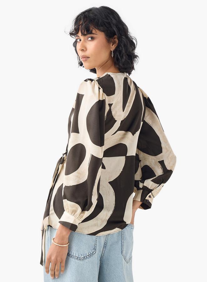 Iconic Printed V-neck Wrap Top with Long Sleeves and Tie-Up Detail - Image 3