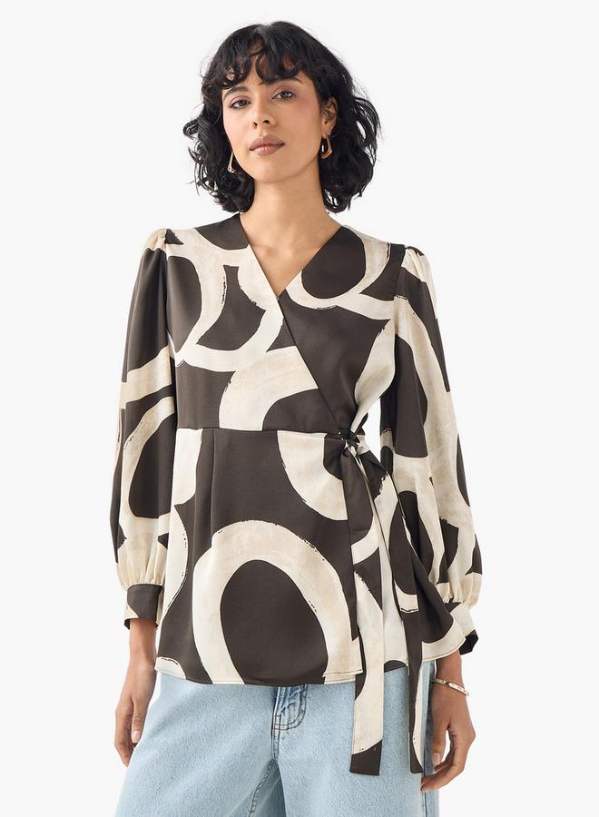 Iconic Printed V-neck Wrap Top with Long Sleeves and Tie-Up Detail - Image 1