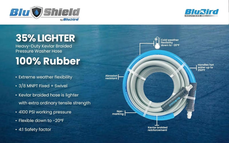 BluBird Blu Shield PW38100NM 38 x 100 Kevlar Braided Rubber Pressure Washer Hose Non Marking 4100 PSI Abrasion  Kink Resistant Flexible for HotCold Weather Heavy Duty for Commercial  Home Use  - Image 3