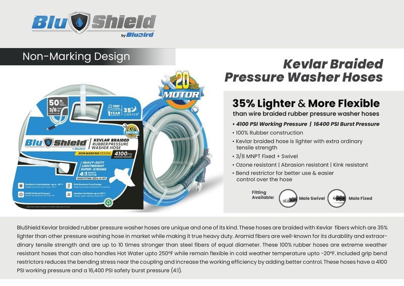 BluBird Blu Shield PW38100NM 38 x 100 Kevlar Braided Rubber Pressure Washer Hose Non Marking 4100 PSI Abrasion  Kink Resistant Flexible for HotCold Weather Heavy Duty for Commercial  Home Use  - Image 2