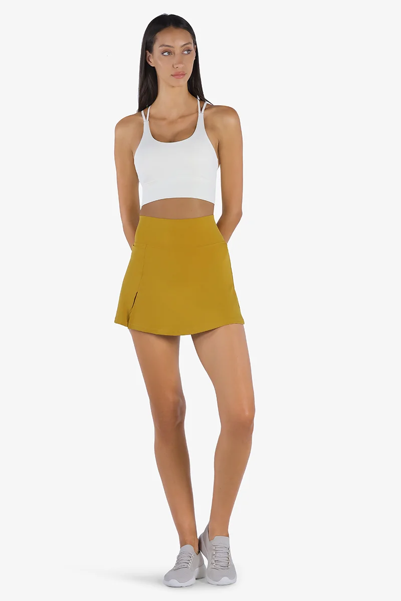 YesEco YesEco Women’s Musturd Activewear Skirt – High-Waist Flared Skirt with Built-in Tights & Elastic Waistband – Stretchable Skirt for Gym, Running, Paddle