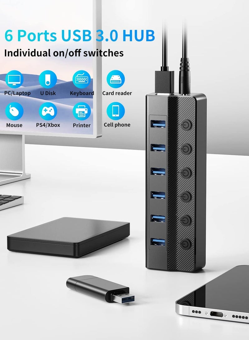 SOLARAE محور USB 3.0 بـ 6 منافذ، موزع USB للكمبيوتر المحمول مع مفاتيح تشغيل/إيقاف فردية وضوء، سلك بطول 3 أقدام، تمديد محور منفذ USB للكمبيوتر الشخصي والكمبيوتر [عدة منافذ USB] 6 منافذ لنقل البيانات USB تجعلها - Image 2