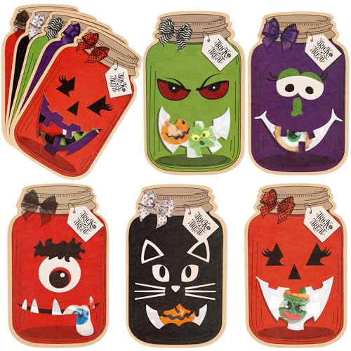 Giiffu 50Pack Halloween Mason Jar Cards with 50 Clear Treat Bags DIY Treat Goodie Bags for Kids Small Candy Snacks School Halloween Party Favors Classroom Prizes Gift Exchange Supplies - Image 1