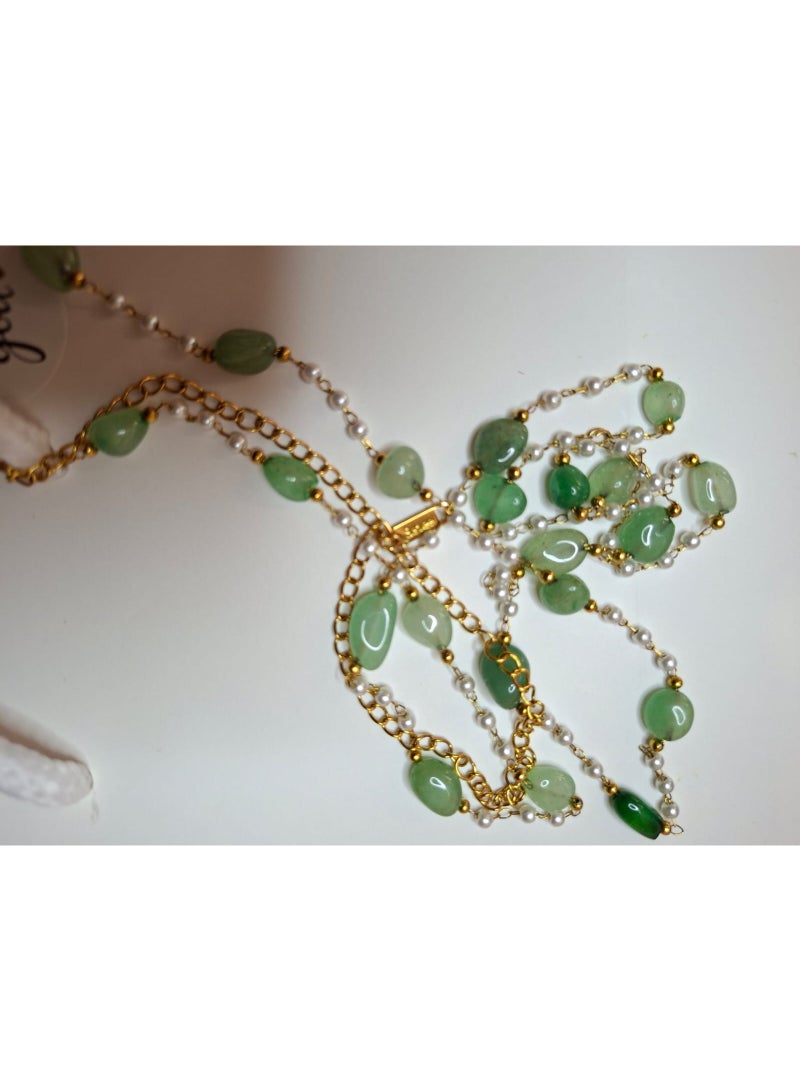 Green Jade Pearl Beaded Necklace with Gold Stainless Steel Chain
