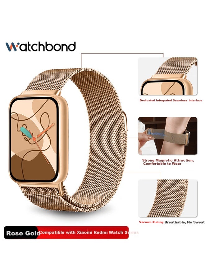 Watchbond Rose Gold Milanese Magnetic Metal Strap For Xiaomi Mi Band 9 Pro, Compatible With Redmi Watch 4/5 And Xiaomi Mi Band 8 Pro Stainless Steel Wristband For Women