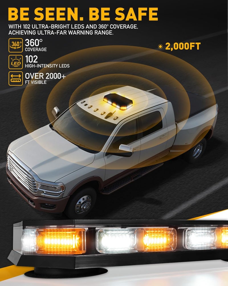 HLauto 406D Rooftop Emergency Strobe Lights Bar - 102 LED Amber White Mini Beacon Safety Flashing Warning Traffic Lights Bar with Magnetic Base for 12-24V Vehicles - Image 3