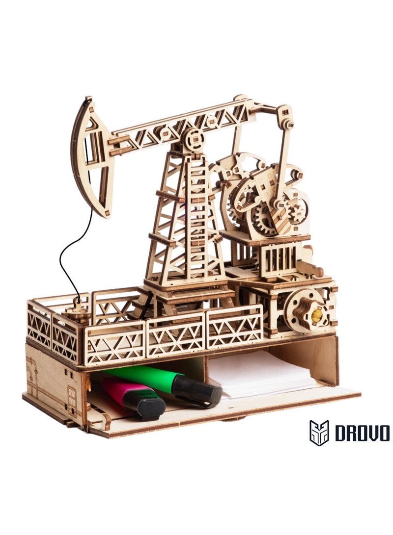 DROVO Wooden 3D Puzzle Oil Derrick with Wind-Up Motor & Secret Box – DIY Mechanical Desk Organizer Model Kit for Adults | Premium Gift for Engineers & Leaders - Image 1