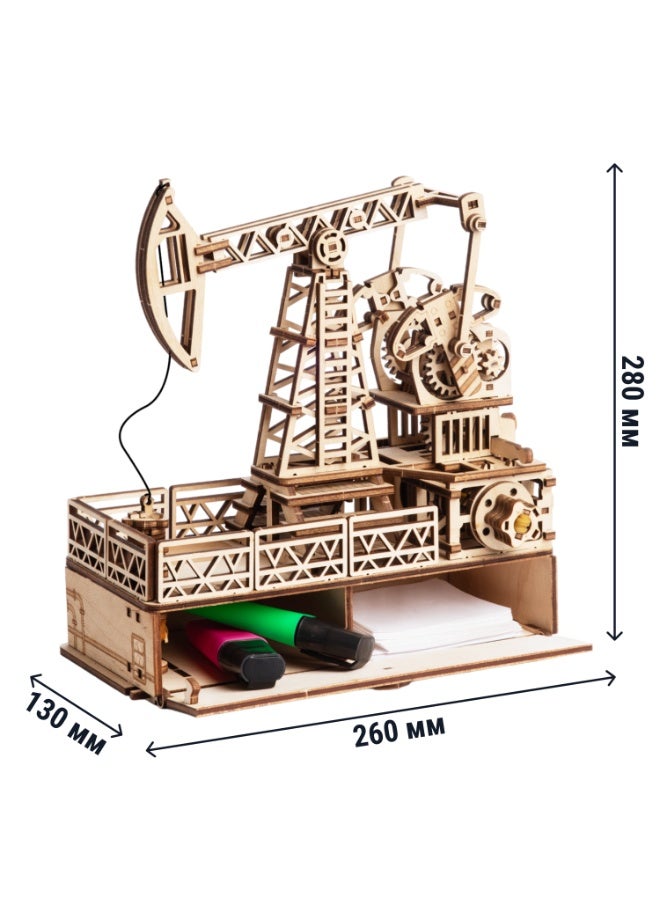 DROVO Wooden 3D Puzzle Oil Derrick with Wind-Up Motor & Secret Box – DIY Mechanical Desk Organizer Model Kit for Adults | Premium Gift for Engineers & Leaders - Image 2