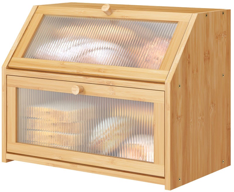 Vriccc Bread Box for Kitchen Counter Large Bamboo Wood Double Layer Bread Box Wooden Bread Storage Capacity
