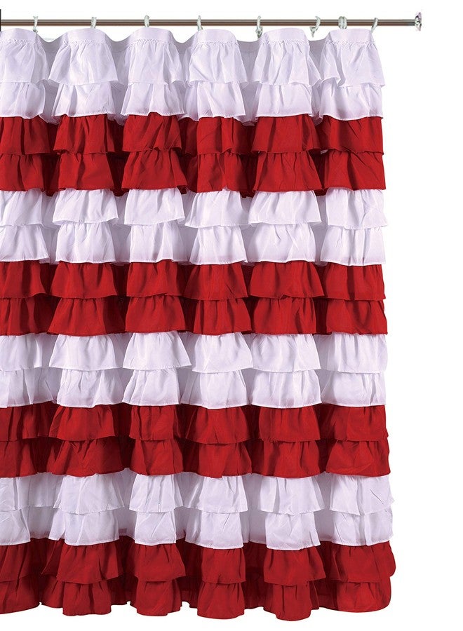 spring Home Waterfall Ruffled Fabric Shower Curtain (Strip White/RED) - Image 1