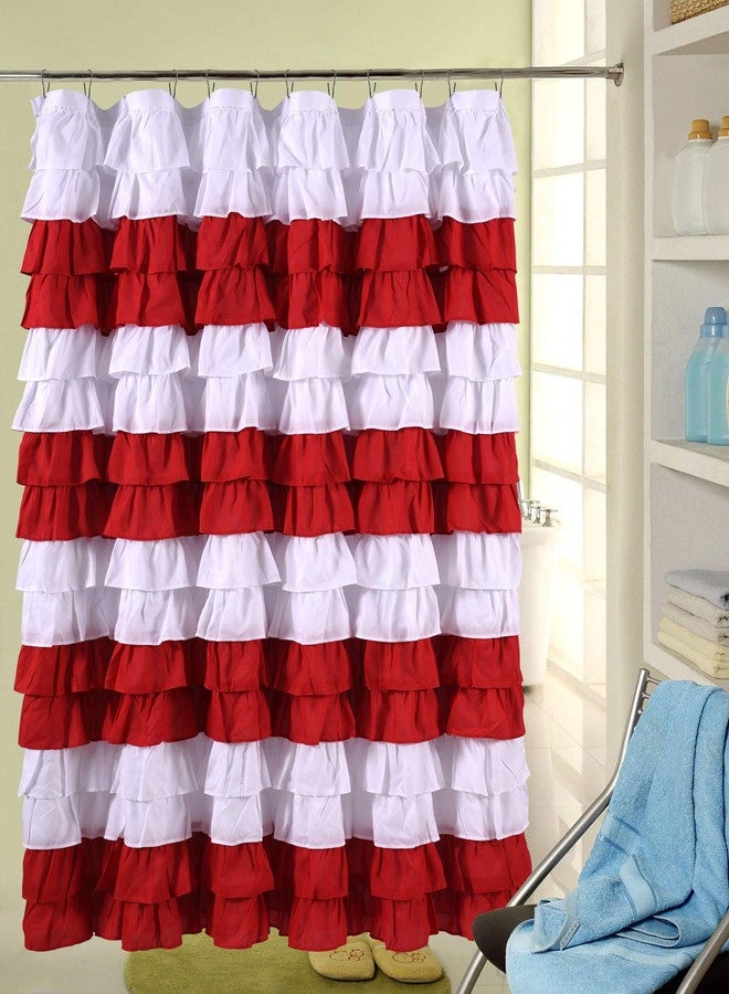 spring Home Waterfall Ruffled Fabric Shower Curtain (Strip White/RED) - Image 2