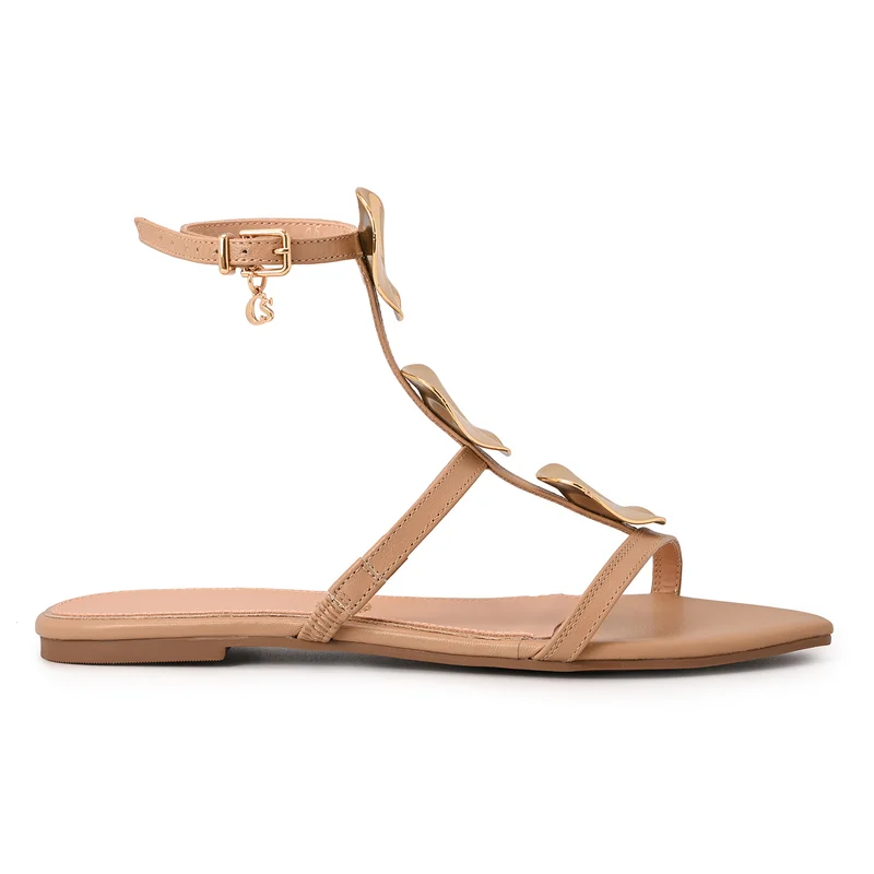 Carmen Steffens Beige Camel Flat Sandal with Thin Straps and Metal Details