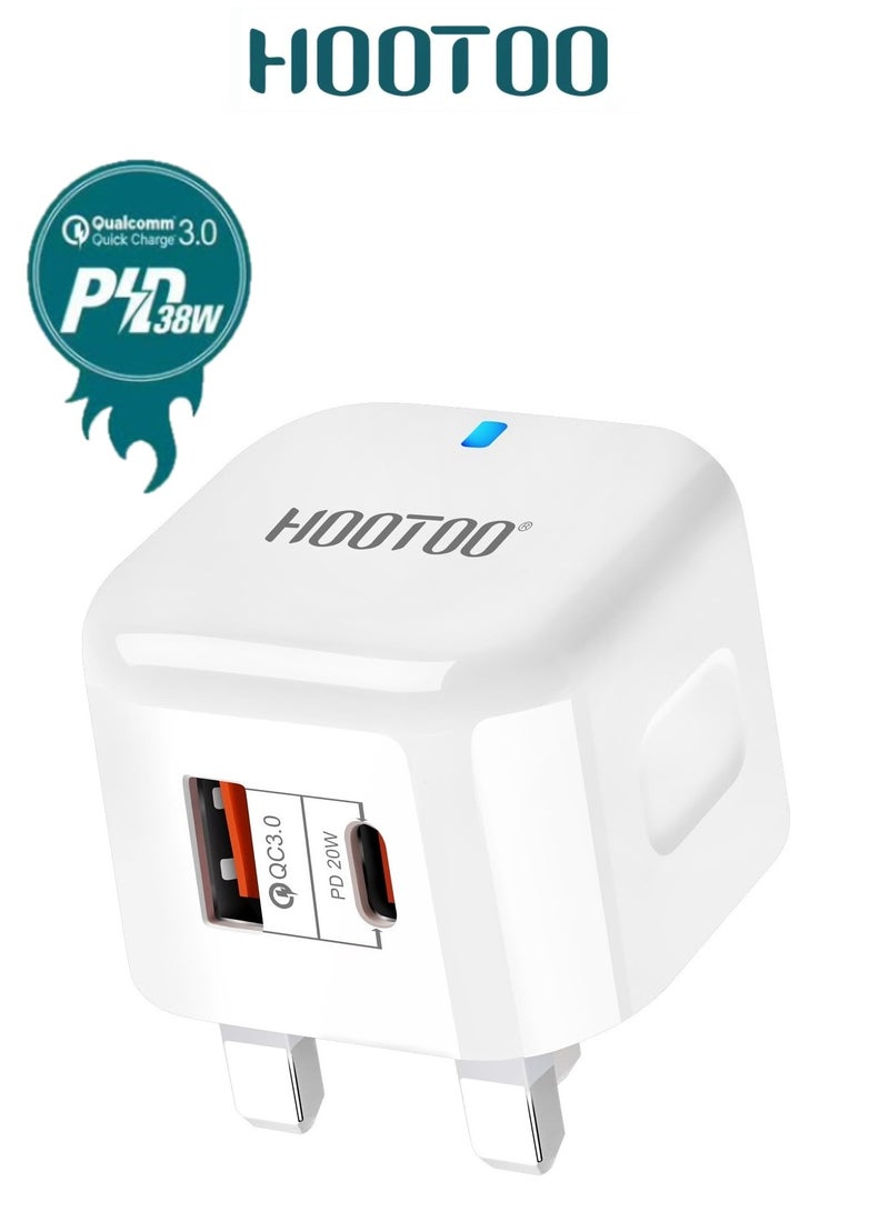 HooToo 38W Type C fast charger adapter. A robust wall charger plug with two charging ports (type c charger & USB). adaptor type c with smart heat-resistant chip. charger type c with advanced overwattage protection. Compatible with iPhones, Samsung, Huawei, and many other devices. - Image 1