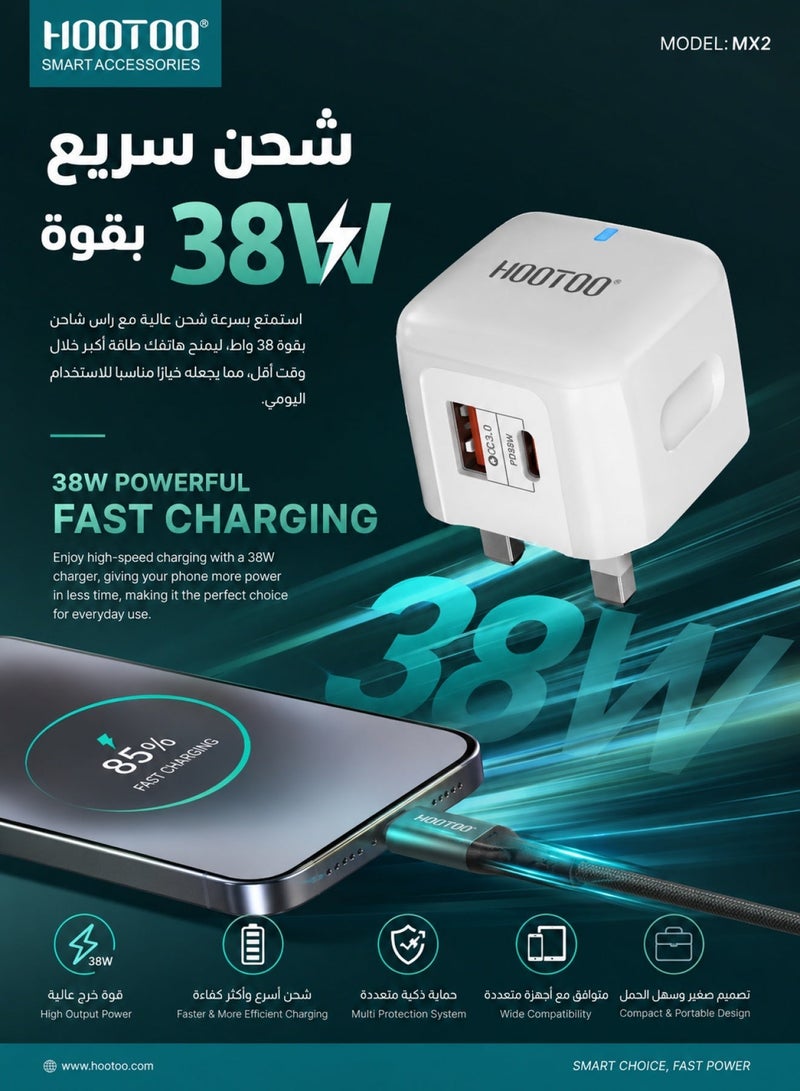 HooToo 38W Type C fast charger adapter. A robust wall charger plug with two charging ports (type c charger & USB). adaptor type c with smart heat-resistant chip. charger type c with advanced overwattage protection. Compatible with iPhones, Samsung, Huawei, and many other devices. - Image 2