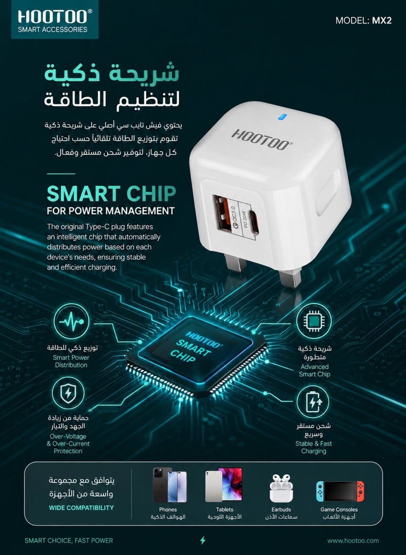 HooToo 38W Type C fast charger adapter. A robust wall charger plug with two charging ports (type c charger & USB). adaptor type c with smart heat-resistant chip. charger type c with advanced overwattage protection. Compatible with iPhones, Samsung, Huawei, and many other devices. - Image 4
