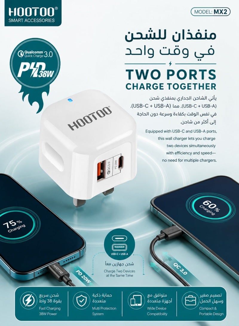 HooToo 38W Type C fast charger adapter. A robust wall charger plug with two charging ports (type c charger & USB). adaptor type c with smart heat-resistant chip. charger type c with advanced overwattage protection. Compatible with iPhones, Samsung, Huawei, and many other devices. - Image 3