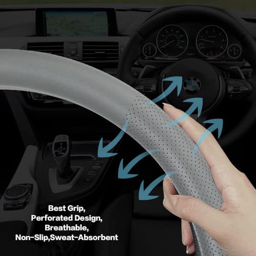VARGTR Car Steering Wheel Cover,Universal 15 Inch Premium Leather Car Steering Wheel Cover,Best Grip,Perforated Design,Breathable,Non-Slip,Sweat-Absorbent,Warm in Winter and Cool in Summer (Gray) - Image 3
