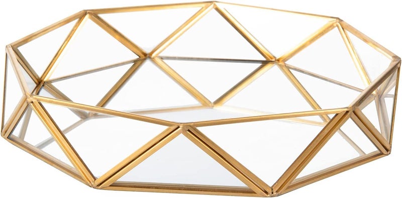ARTINCO Gold Clear Glass Mirror Make up Vanity Jewelry Organizer Tray Ornate Cosmetic Geometric Shape Perfume Display Tray for Home Decor Dresser Tabletop Countertop 9.5x2.1 Inch - Image 4