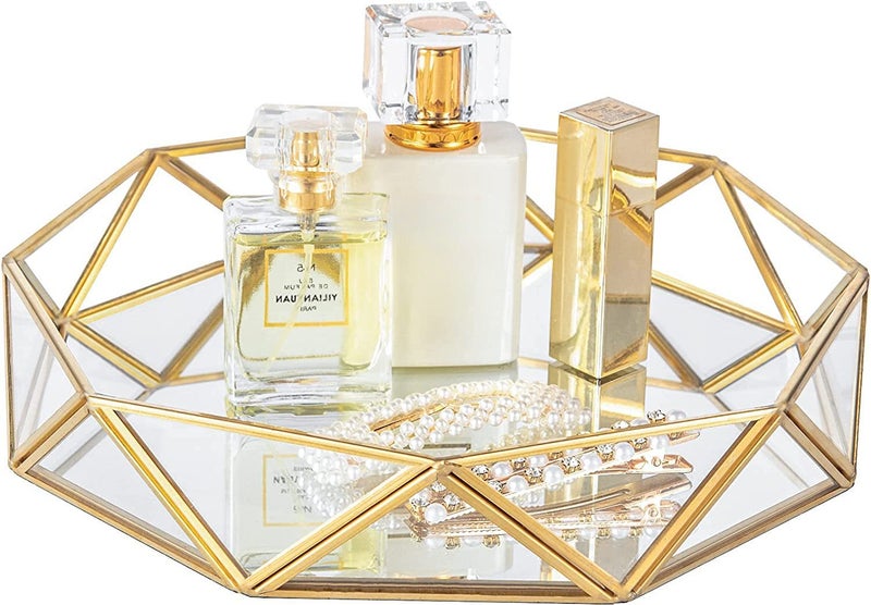 ARTINCO Gold Clear Glass Mirror Make up Vanity Jewelry Organizer Tray Ornate Cosmetic Geometric Shape Perfume Display Tray for Home Decor Dresser Tabletop Countertop 9.5x2.1 Inch - Image 1