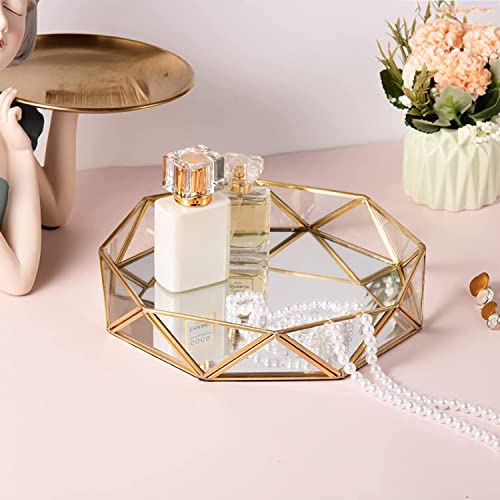 ARTINCO Gold Clear Glass Mirror Make up Vanity Jewelry Organizer Tray Ornate Cosmetic Geometric Shape Perfume Display Tray for Home Decor Dresser Tabletop Countertop 9.5x2.1 Inch - Image 3