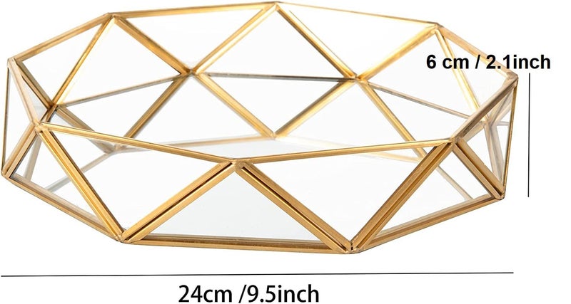 ARTINCO Gold Clear Glass Mirror Make up Vanity Jewelry Organizer Tray Ornate Cosmetic Geometric Shape Perfume Display Tray for Home Decor Dresser Tabletop Countertop 9.5x2.1 Inch - Image 2