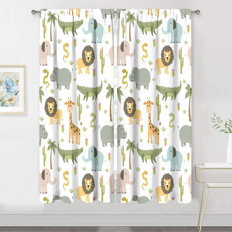 MESHELLY MESHELLY Nursery Safari Animals Curtains 29 W X 63H Inch Rod Pocket Baby Boy Kids Woodland Jungle Lion Elephant Printed Curtains for Living Room Bedroom Window Drapes Fabric