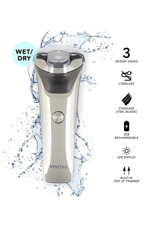 Vivitar - VIVITAR Metallic Cordless 3 Head Rotary Shaver, Cordless Electric Rotary Shaver for Men with Three Independently-Floating Heads, Pop-up Trimmer, and Stainless Steel Blades for Wet and Dry Uses - Image 1