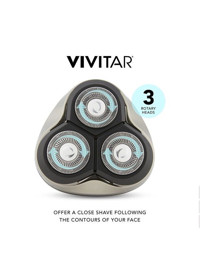 Vivitar - VIVITAR Metallic Cordless 3 Head Rotary Shaver, Cordless Electric Rotary Shaver for Men with Three Independently-Floating Heads, Pop-up Trimmer, and Stainless Steel Blades for Wet and Dry Uses - Image 1