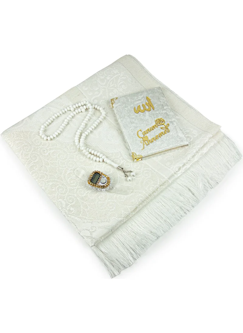 İhvan Special for Brotherhood Birthdays and Mother's Day, Pocket Size Velvet Yasin Book Prayer Mat, Crystal Plastic Prayer Beads Boxed Set White