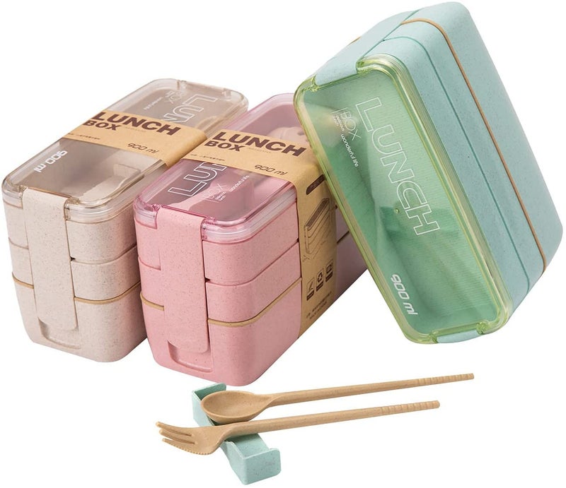 Rarapop 3 Pack Stackable Bento Box Adult Japanese Lunch Box Kit with Spoon & Fork, 3-In-1 Compartment Wheat Straw Meal Prep Containers (Green/Pink/Beige) - Image 1