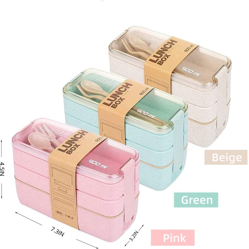 Rarapop 3 Pack Stackable Bento Box Adult Japanese Lunch Box Kit with Spoon & Fork, 3-In-1 Compartment Wheat Straw Meal Prep Containers (Green/Pink/Beige) - Image 3