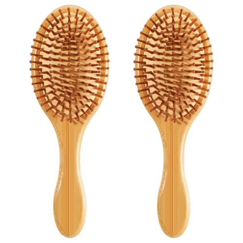 Sibba 2 Pcs Bamboo Hair Brush with Bamboo Bristles Natural Wooden Scalp Massage Brush Detangling Paddle Hairbrush for Women Men Wooden Brushes for Dry Curly Thick Thin and Straight Hairs Hair Growth - Image 1
