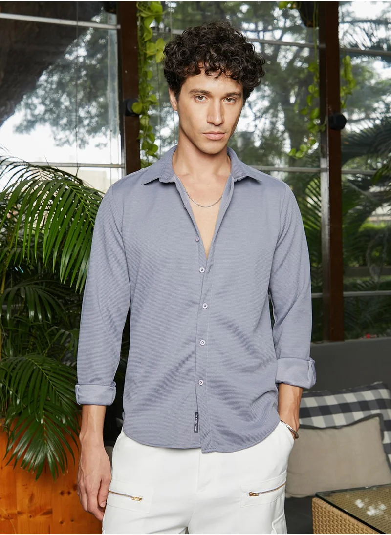 Campus Sutra Men's Coin Grey Waffle-Textured Shirt