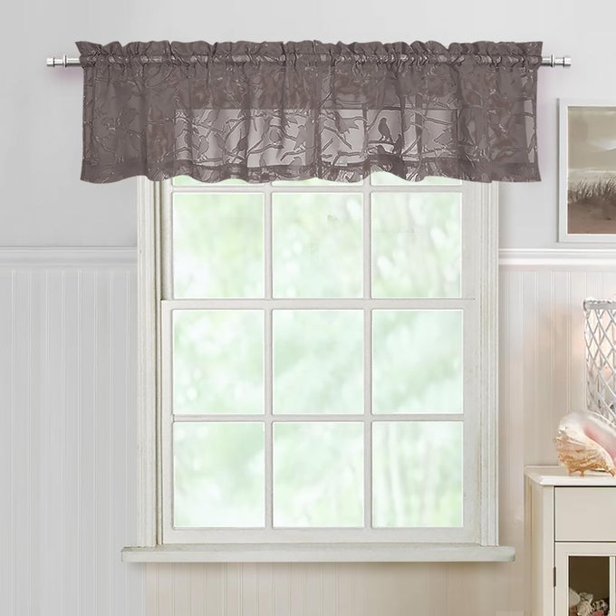 ANJI BIRD 2 PANELS SHEER KITCHEN VALANCES FOR WINDOWS 14 INCHES LONG CLASSIC ROD POCKET LIGHT FILTERING SEMI BROWN SHEER CURTAINS FOR BEDROOM BASEMENT SHORT WINDOW 38WX14L INCHES