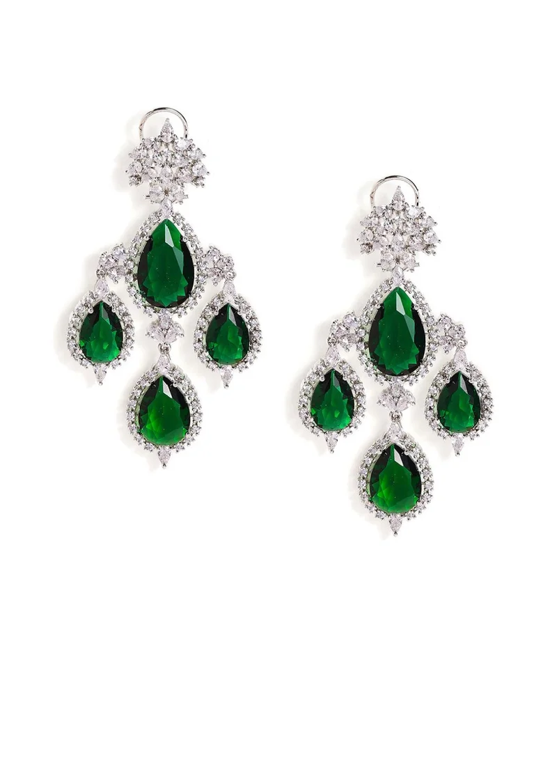 Priyaasi American Diamond-Stone Studded Teardrop Shaped Drop Earrings