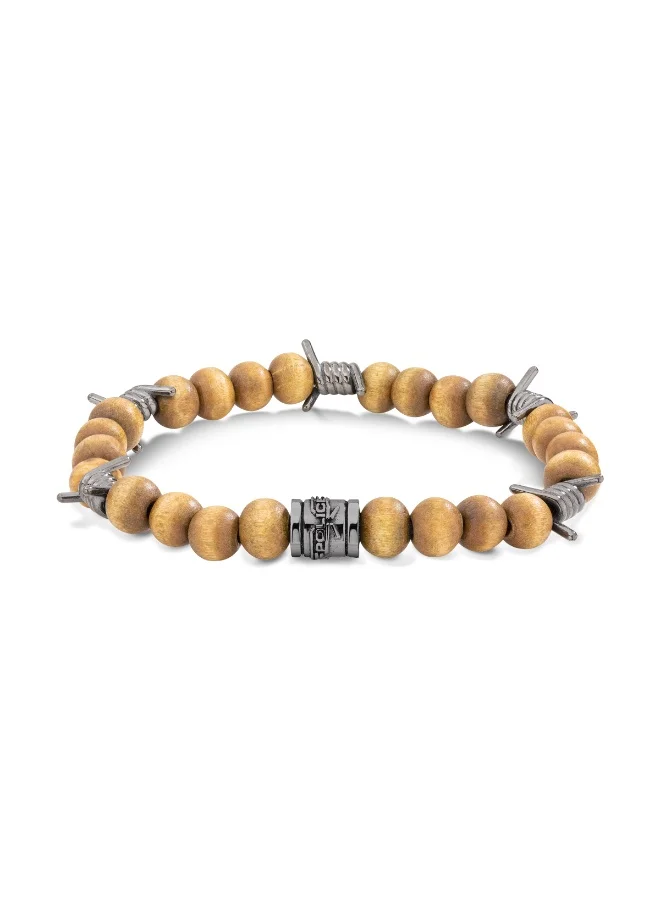 POLICE Barbed Gunmetal Stainless Steel Bracelet With Wooden Beads 180mm for Men